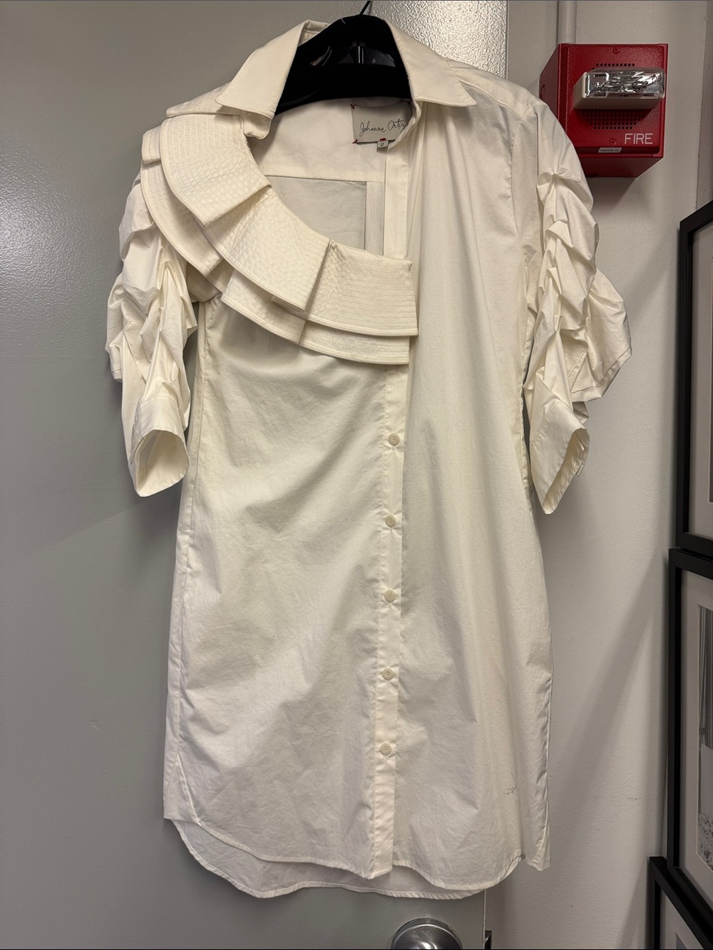 Johanna Ortiz white cotton Asymmetrical Ruffled Shirt Dress